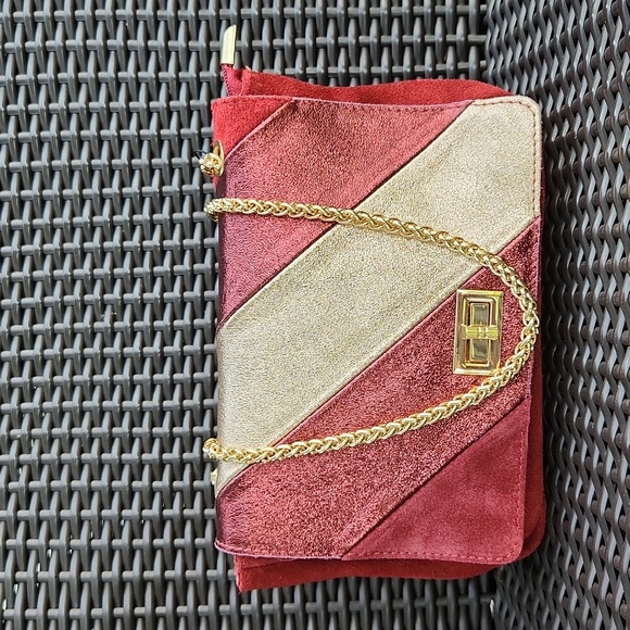 Silvano Borgatti Handbags - 1587-Burg/Champagne suede & metallic 💯 🇮🇹 ITALIAN LEATHER  soft saddle bag